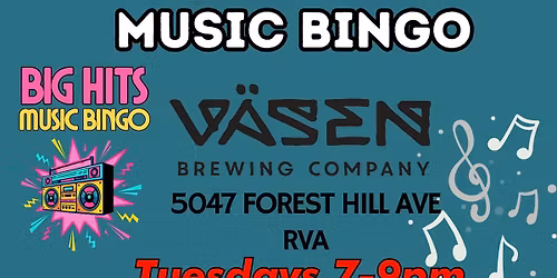 Tuesday Big Hits Music Bingo at Vasen Brewing Co - Forest Hill