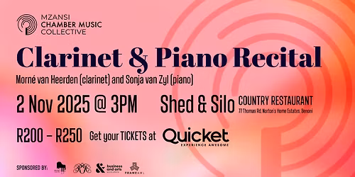 Clarinet and Piano Recital - Morn\u00e9 van Heerden (clarinet) and Sonja van Zyl (piano)