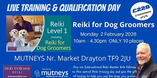 Live Reiki Level 1 Training & Qualification Day inc. Reiki for Dog Groomers