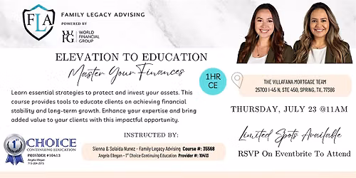 FREE 1 HR CE - Elevation To Education: Master Your Finances - Spring, TX
