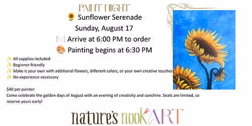 Aug. 17 Sunflower Serenade Sip ant Paint at Badlands