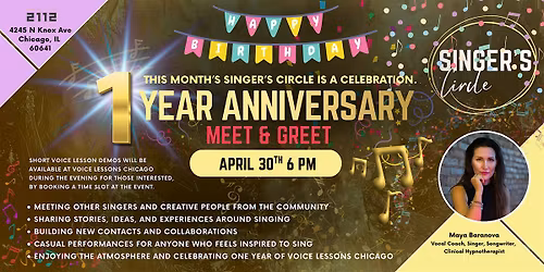 Singer\u2019s Circle: Voice Lessons Chicago \u2013 1 Year Anniversary Meet & Greet