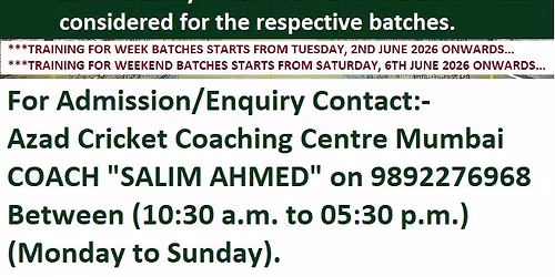 ACCC MUMBAI ADMISSION FOR FOUR MONTHS OFF-SEASON INDOOR CRICKET TRAINING CAMP 2026