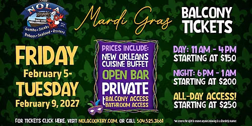 Mardi Gras 2027 Balcony Tickets @ NOLA COOKERY