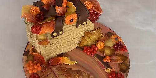 Rustic wicker bag cake -autumnal leaves, flowers & berries