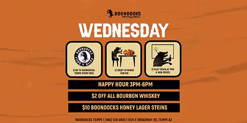 Wednesdays: 10 Wings For $10 at Boondocks Patio & Grill Tempe!