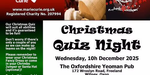 Marie Curie Christmas Quiz Night - Wednesday, 10th December 2025