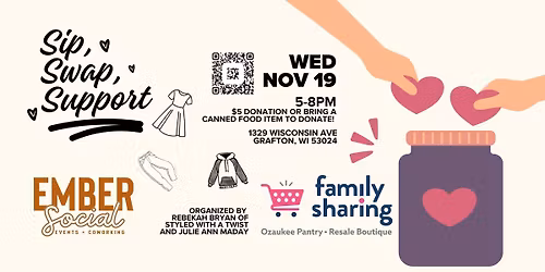 SIP, SWAP, SUPPORT CLOTHING & FOOD DRIVE for Family Sharing