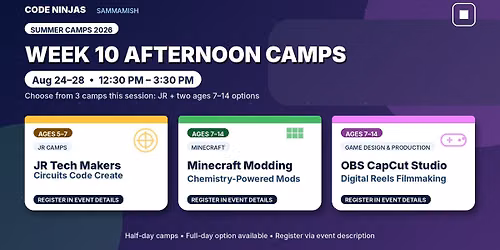 Aug 24\u201328 PM Camps: Minecraft + Game Design + JRs