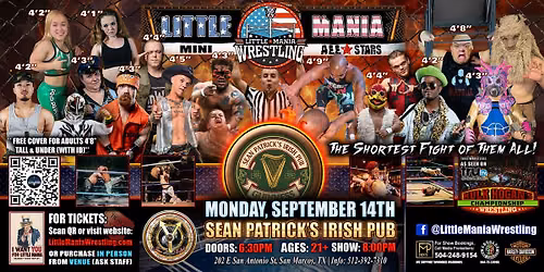 San Marcos, TX -  Little Mania Mini Wrestling @ Sean Patrick's Irish Pub