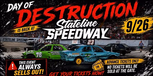 Day of Destruction-Boat Race - Roller Derby - Demo Derby at M\u00d8DE Stadium Stateline Speedway!