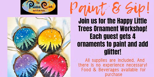 Happy Little Trees Ornaments on sliced wood!