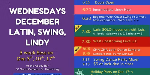 West Coast, Lindy, Latin - Wednesday Holiday Dance Sampler - December