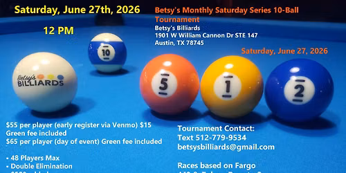 Betsy\u2019s monthly tournament 6\/27\/26 10-Ball