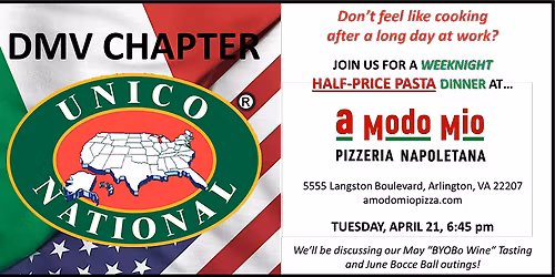 UNICO DMV Half-Price Pasta Dinner & Italian Chat--A Modo Mio, Arlington