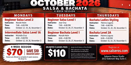 New Salsa & Bachata Dance Classes - October 2026