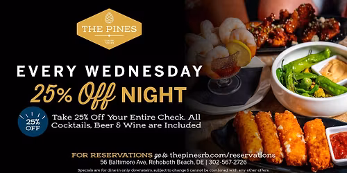 25% Off Your Check at The Pines Coastal Tavern