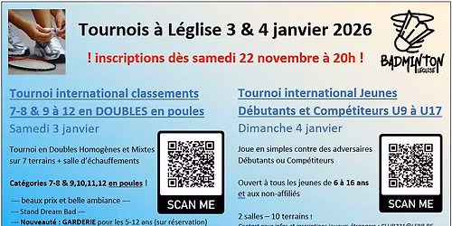 Tournoi Doubles en Poules (7 \u00e0 12) le samedi et Tournoi Jeunes C&D le dimanche