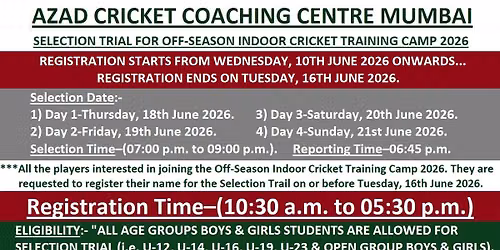 ACCC MUMBAI SELECTION TRIAL FOR OFF-SEASON INDOOR CRICKET TRAINING CAMP 2026