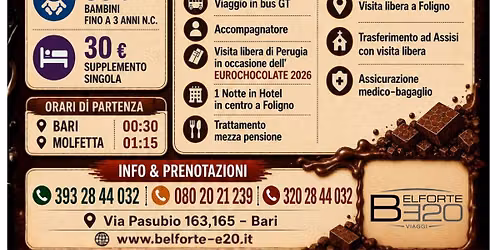 Weekend Eurochocolate, Perugia, Assisi e Foligno 14 - 15 Novembre 2026 By BE20