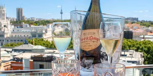 Men\u00fa con vistas y una botella de Juv\u00e9 y Camps en Casa Suecia