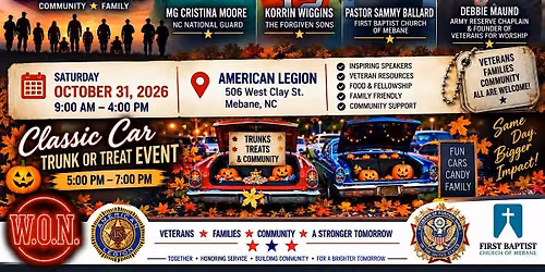 Veteran Appreciation Event 9am-4pm & Classic Car Trunk or Treat Event 5-7pm