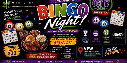 Fresh Start Ministry 3rd Annual Bingo Night \/ Chicken Plate Fundraiser