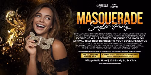 This Sat! Masquerade Singles Party at Village Belle, St Kilda!