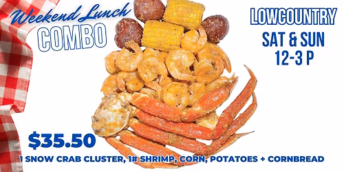 $35.50 Weekend Lunch Combo- 1 Snow Crab Cluster, 1# Shrimp, Corn, Potatoes + Cornbread