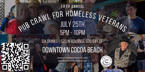 5th Annual Pub Crawl for Homeless Veterans 2026 in Downtown Cocoa Beach, Saturday, July 25, 5 pm