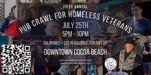 5th Annual Pub Crawl for Homeless Veterans 2026 in Downtown Cocoa Beach, Saturday, July 25, 5 pm