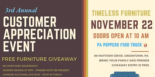 FREE FURNITURE GIVEAWAY + P.A. POPPERS FOOD TRUCK 