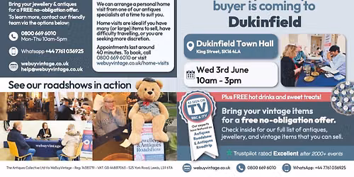 WeBuyVintage Roadshow in Dunkinfield! Wed 3rd June 10:00-15:00 at the Town Hall