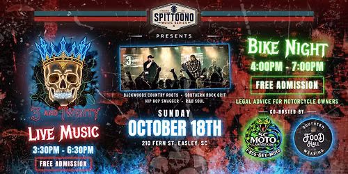 Spittoono Music Series Presents - 3 and Twenty x Bike Night @ Southern Weaving