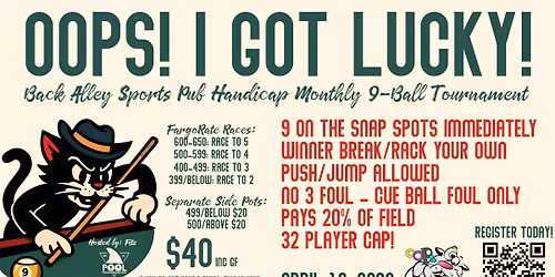 Oops! I Got Lucky! Back Alley Sports Pub Monthly Handicap Tournament at Oops Alley in Pace, FL