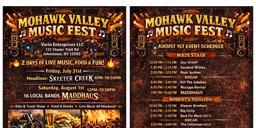 Mohawk Valley Music Fest\ud83c\udfb6 July 31 - 6pm-1030pm August 1 - 12pm-1030pm