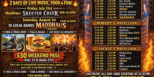 Mohawk Valley Music Fest\ud83c\udfb6 July 31 - 6pm-1030pm August 1 - 12pm-1030pm