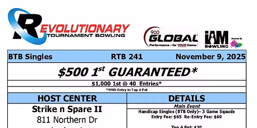 RTB 241 - 1 Day BTB Singles - $500 1st - $1,000 1st at 40 Entries