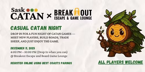 SaskCatan Casual Catan Night @ Breakout Escape & Board Game Lounge