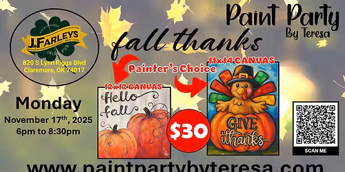 Paint Party - J Farley's Irish Pub - Fall Thanks - $30 per painter