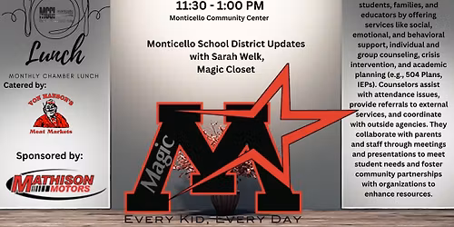 Chamber Lunch~ 12\/16\/25 ~ Monticello School Updates with Sarah Welk - Sponsored by Mathison Motors