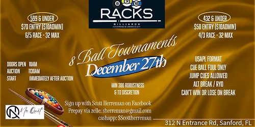 599 & Under + 432 & Under 8 Ball Tournament