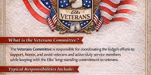 Veterans Committee Meet the Second Monday of Every Month in the River Room, Come on Out and Join Us.