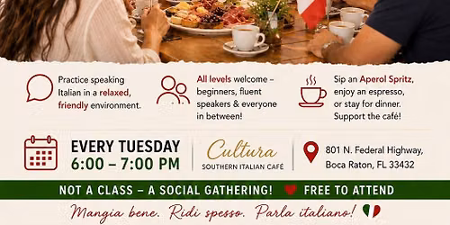 Parliamo italiano. Conversational Italian social gathering.