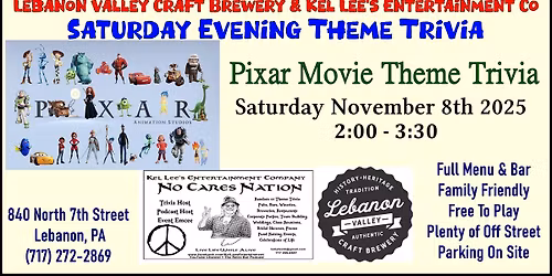 Pixar Movie Theme Trivia at Lebanon Valley Craft Brewery