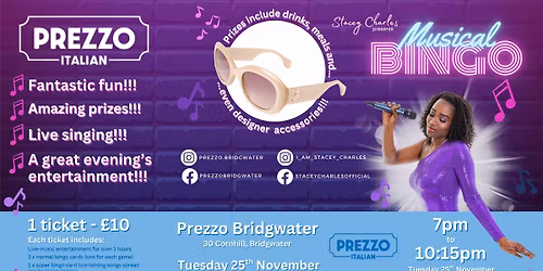 Midweek Musical Bingo at Prezzo (Bridgwater) - Tuesday 25th November 2025 7pm