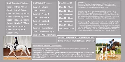 Unaff Combined Training \/ Unaff Dressage \/ Unaff Showjumping, Saturday 25th April 2026