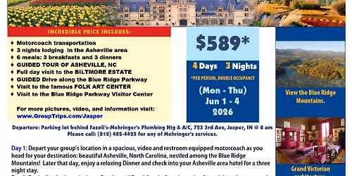 Jasper Indiana Travelers Biltmore Estate & Asheville, NC June 1-4, 2026