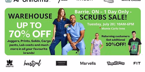 Warehouse Scrubs Sale \u2013 Barrie, ON\u2013 1 Day Only