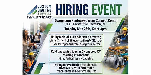 Hiring Event - Tuesday May 26th - Owensboro, KY (12pm-3pm)